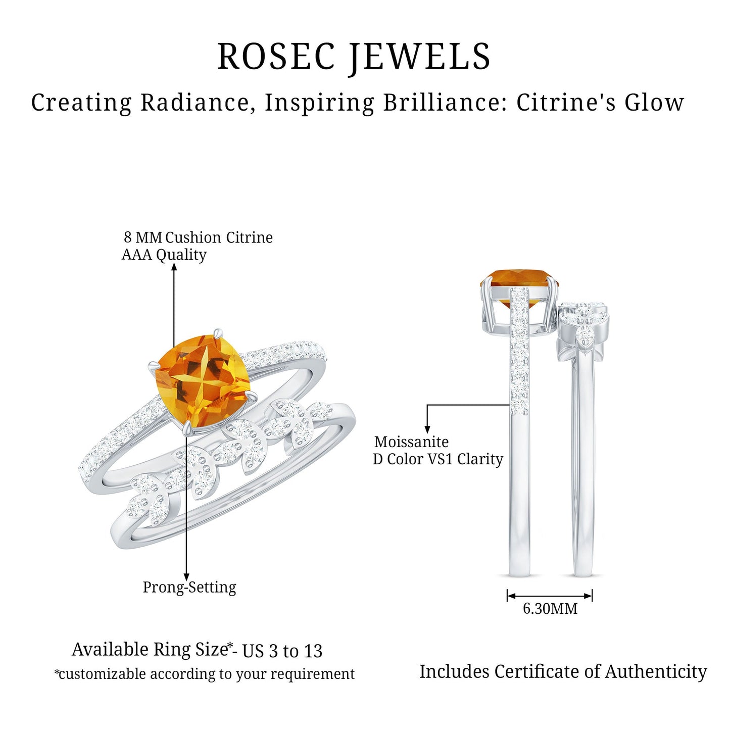 Certified 2.2 Carat Citrine and Diamond Wedding Bridal Ring Set of 2