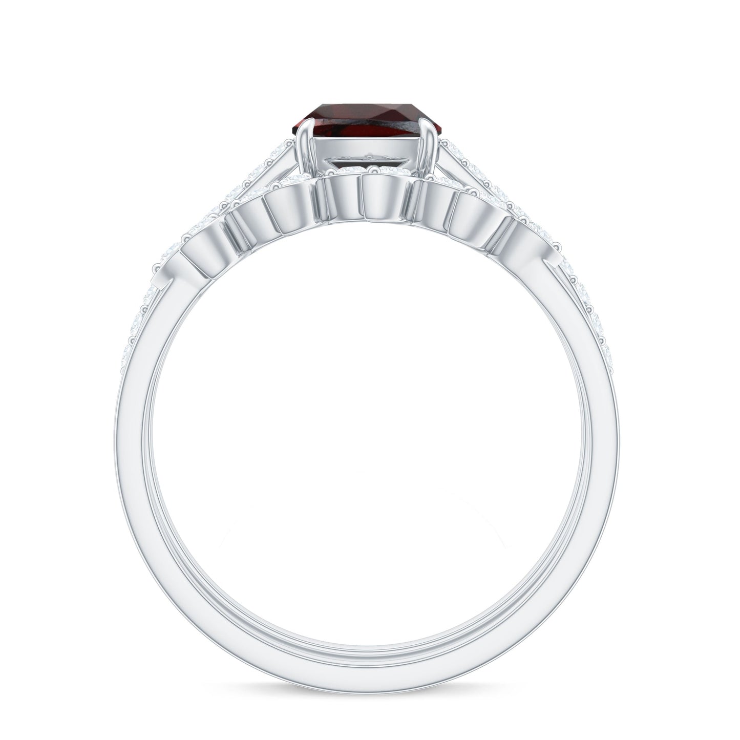 3.2 Carat Natural Cushion Cut Garnet Diamond Wedding Bridal Ring Set of 2