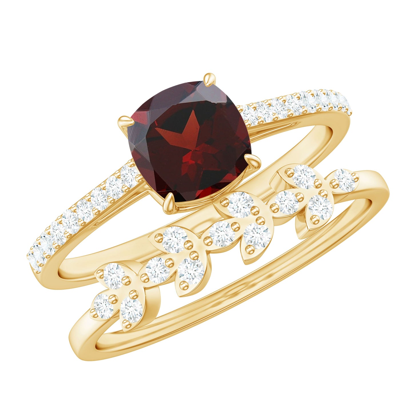 3.2 Carat Natural Cushion Cut Garnet Diamond Wedding Bridal Ring Set of 2
