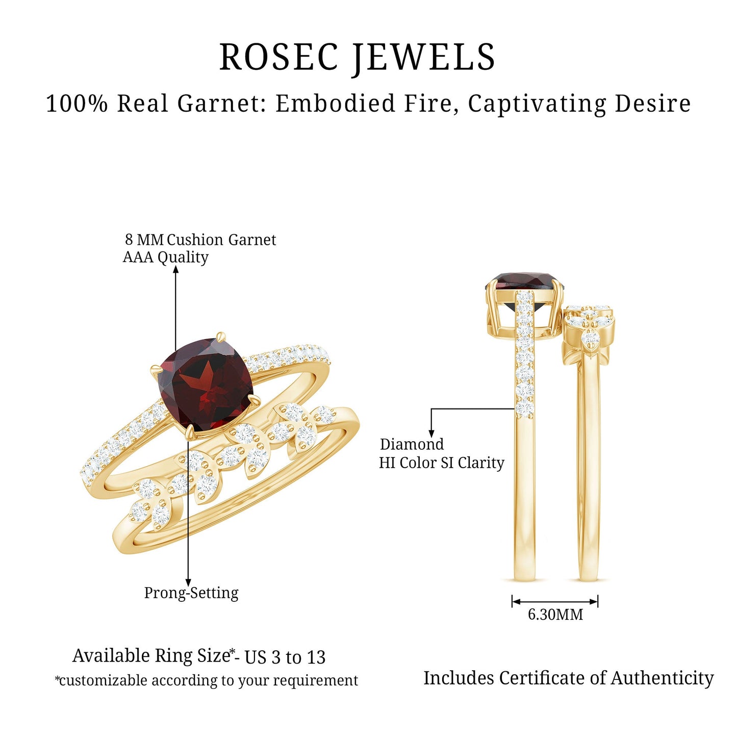 3.2 Carat Natural Cushion Cut Garnet Diamond Wedding Bridal Ring Set of 2