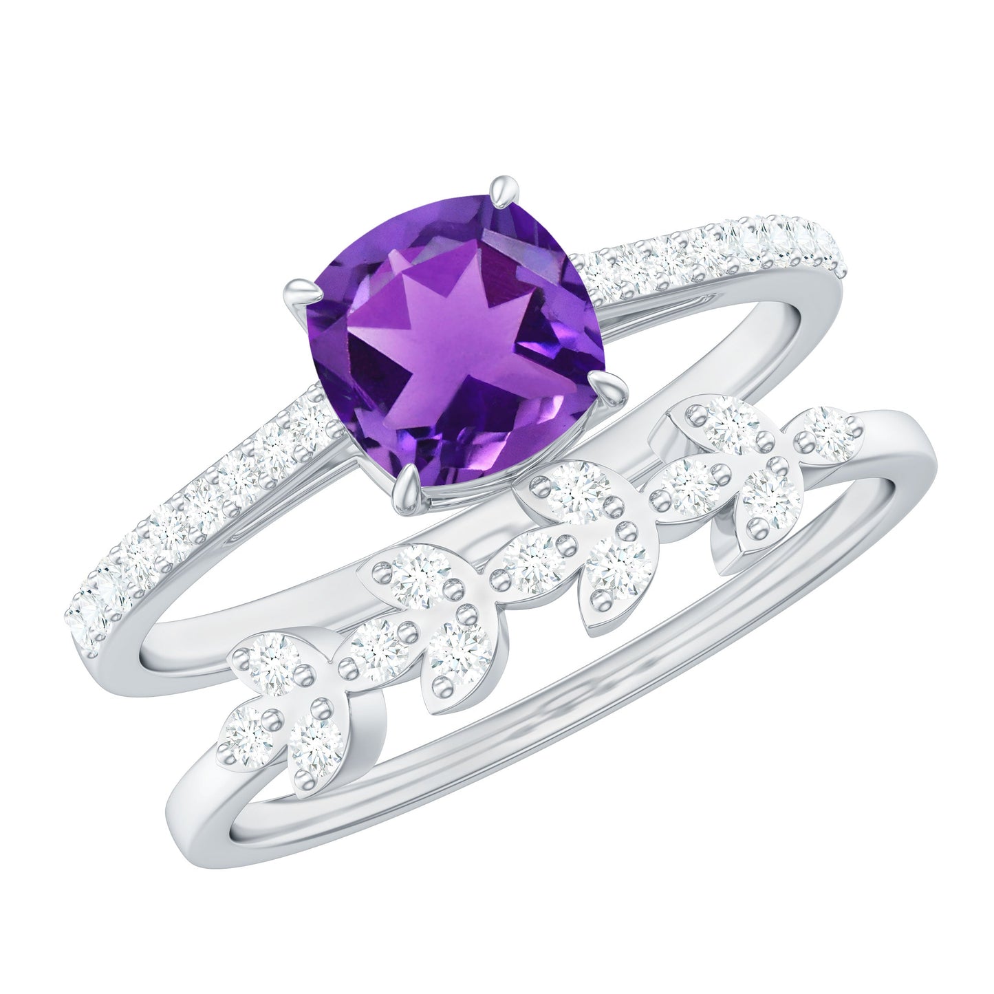 Natural 2 Carat Cushion Cut Amethyst Wedding Bridal Ring Set with Diamond