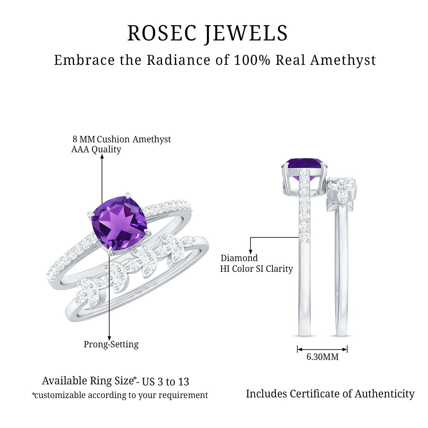 Natural 2 Carat Cushion Cut Amethyst Wedding Bridal Ring Set with Diamond