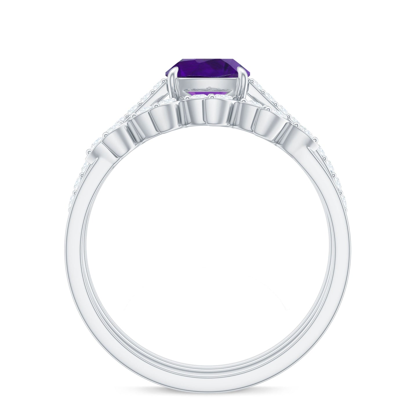 Natural 2 Carat Cushion Cut Amethyst Wedding Bridal Ring Set with Diamond