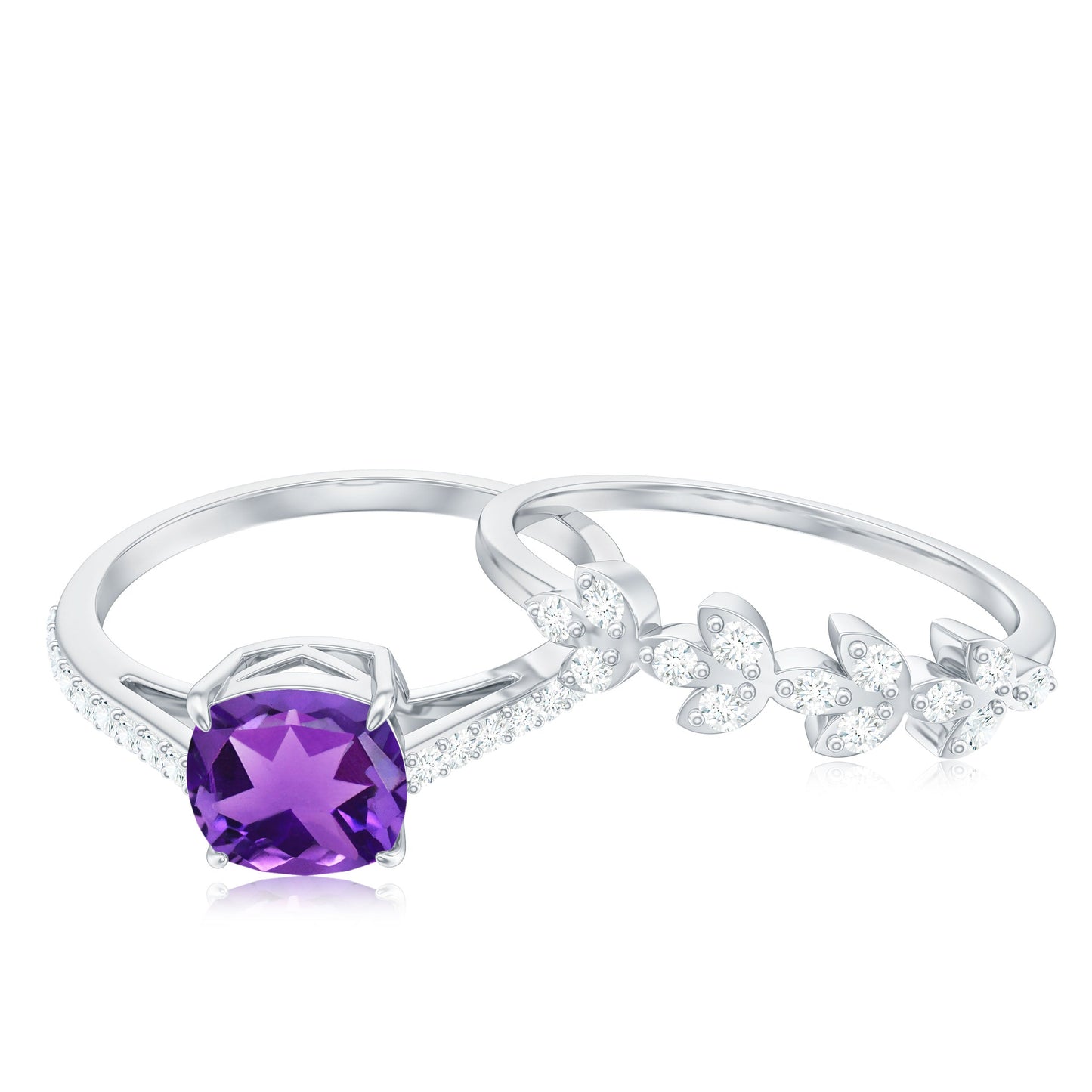 Natural 2 Carat Cushion Cut Amethyst Wedding Bridal Ring Set with Diamond