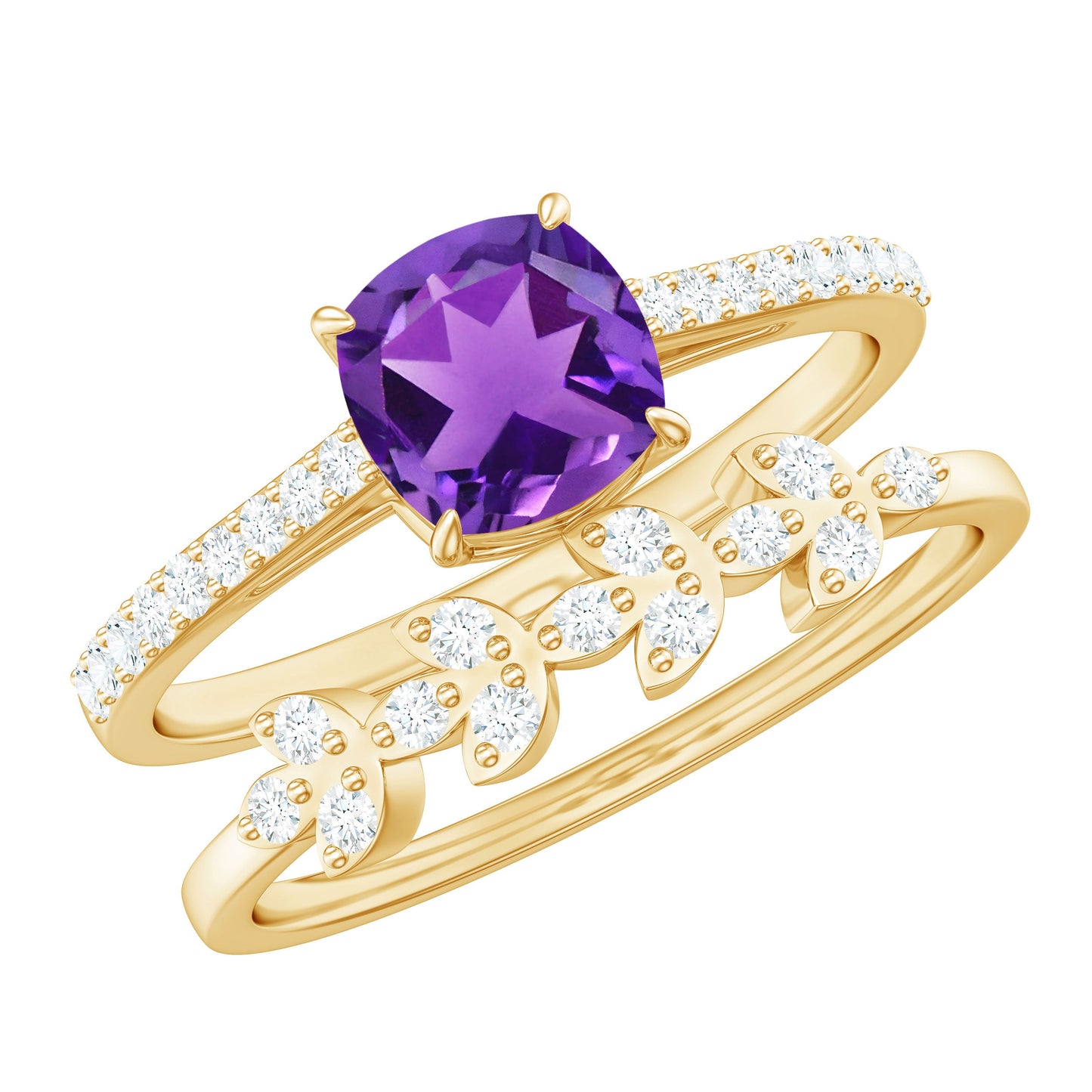 Natural 2 Carat Cushion Cut Amethyst Wedding Bridal Ring Set with Diamond