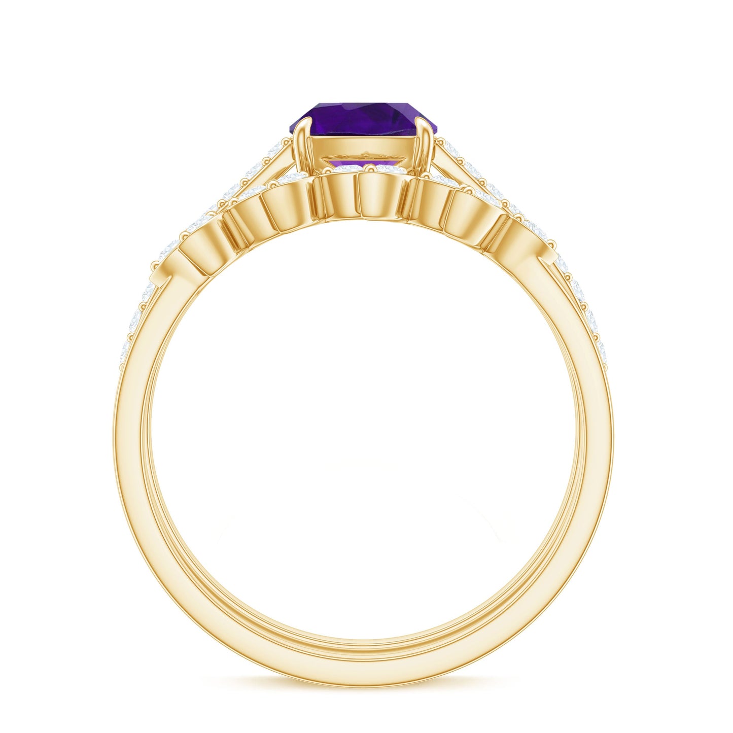 Natural 2 Carat Cushion Cut Amethyst Wedding Bridal Ring Set with Diamond