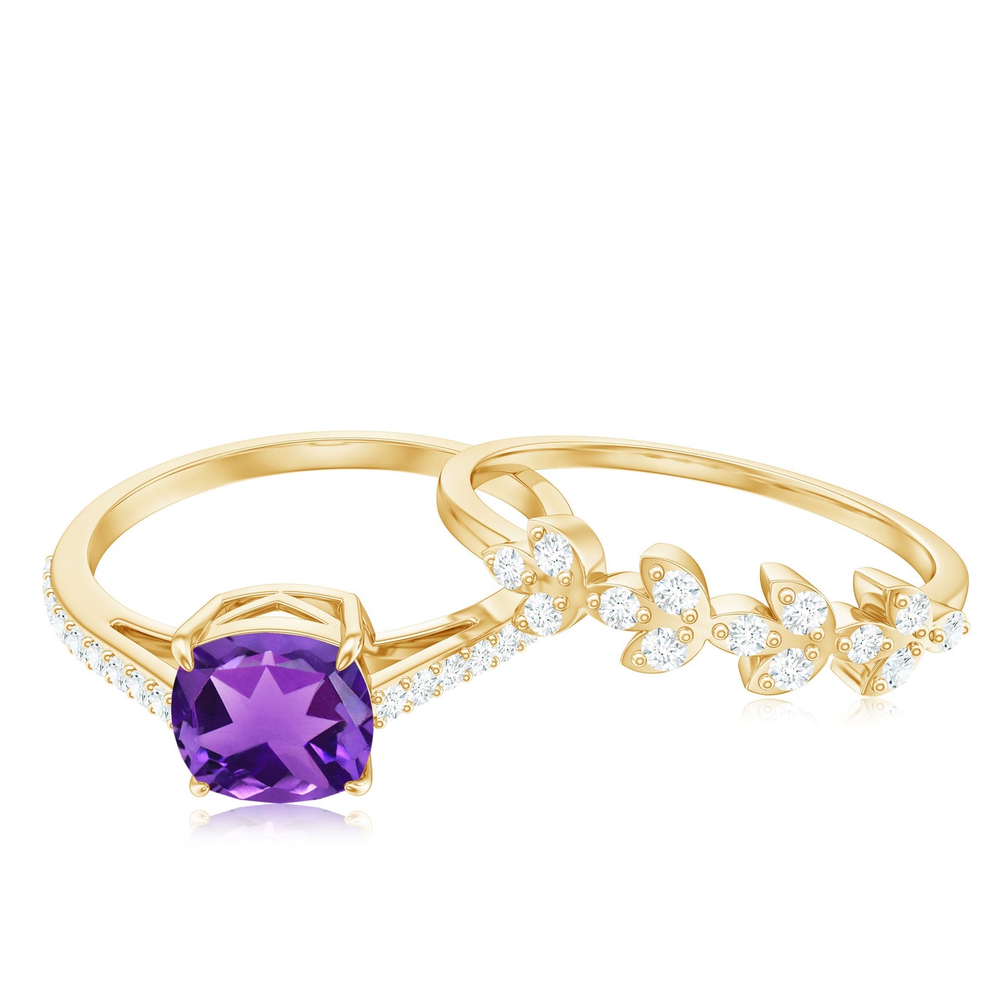 Natural 2 Carat Cushion Cut Amethyst Wedding Bridal Ring Set with Diamond