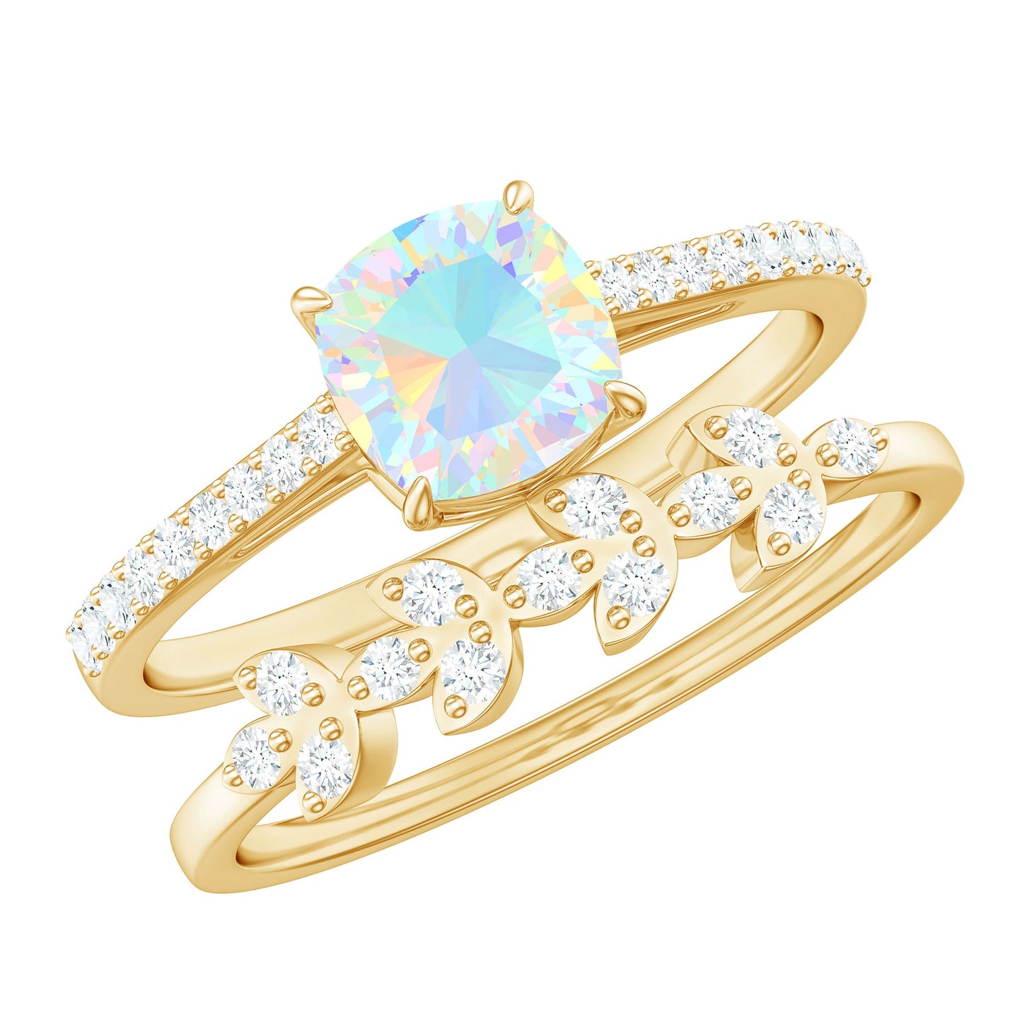 0.8 Carat Cushion Cut Ethiopian Opal Solitaire Ring Set with Diamond Stackable Band
