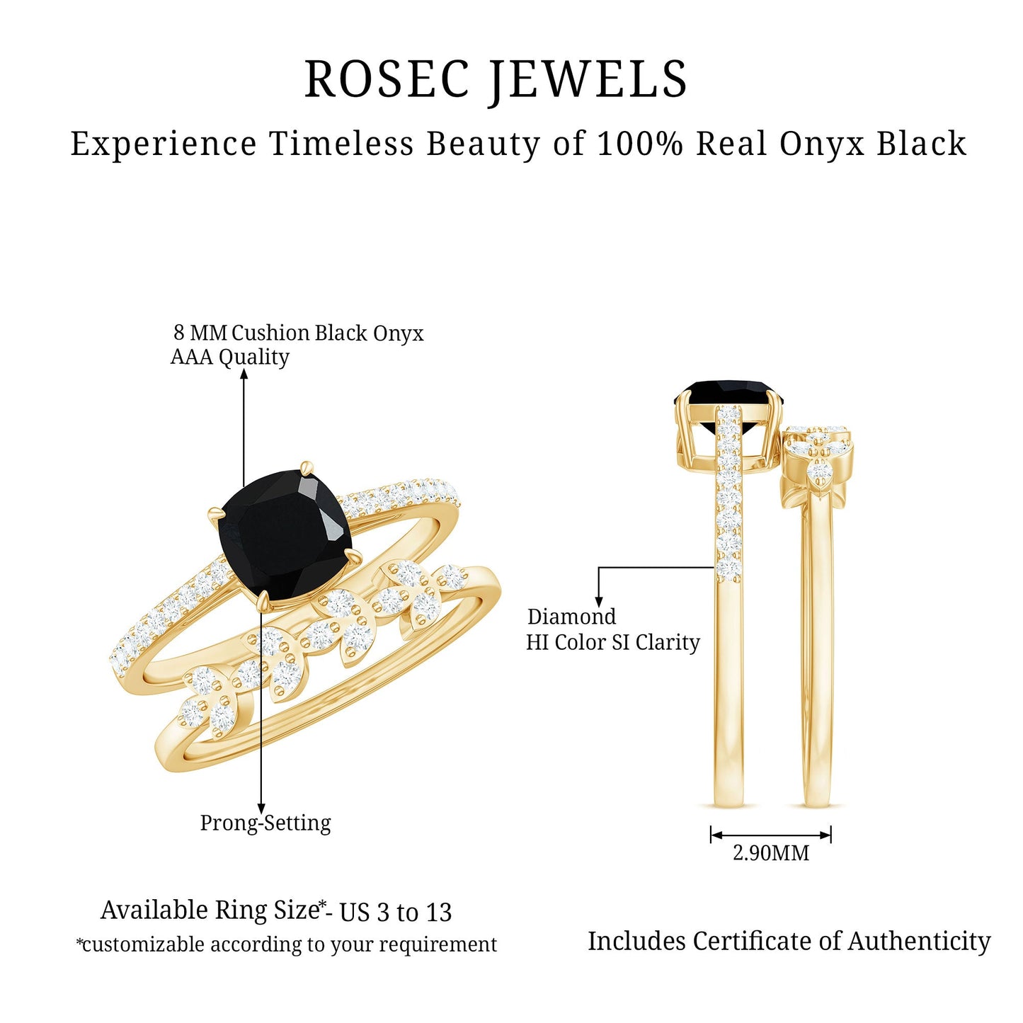 Cushion Cut Black Onyx and Diamond Engagement Ring with Leaf Wedding Band