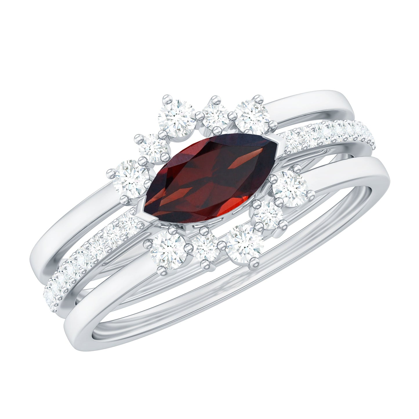 Natural 0.7 Carat Garnet Marquise Engagement Wedding Ring Set of 3 with Diamond
