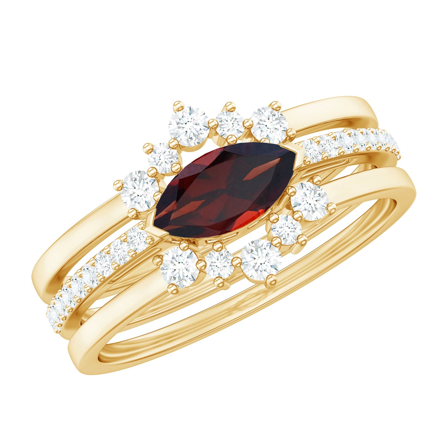 Natural 0.7 Carat Garnet Marquise Engagement Wedding Ring Set of 3 with Diamond