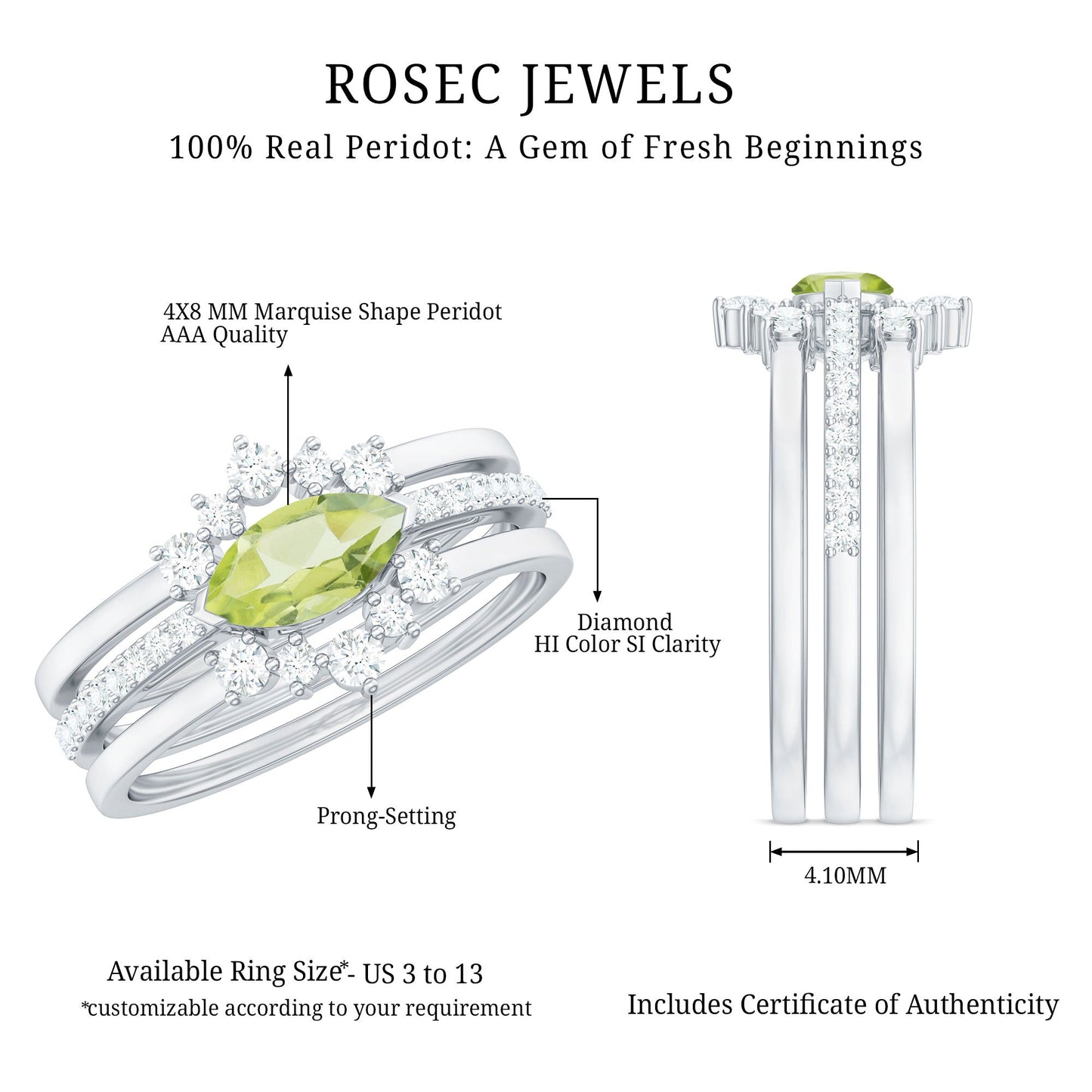 0.7 Carat East West Style Peridot 3 Piece Bridal Ring Set with Diamond