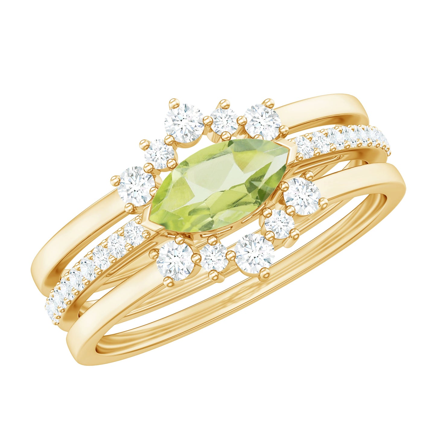 0.7 Carat East West Style Peridot 3 Piece Bridal Ring Set with Diamond
