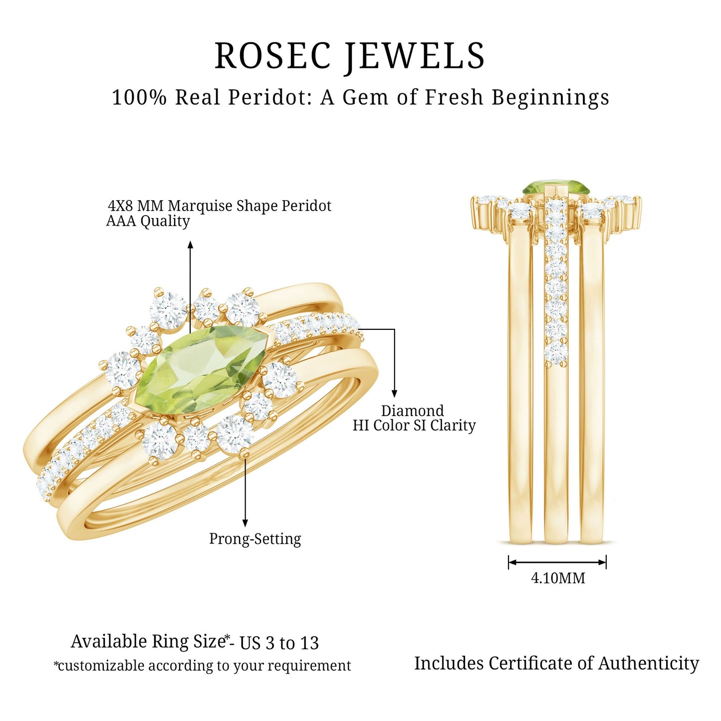 0.7 Carat East West Style Peridot 3 Piece Bridal Ring Set with Diamond