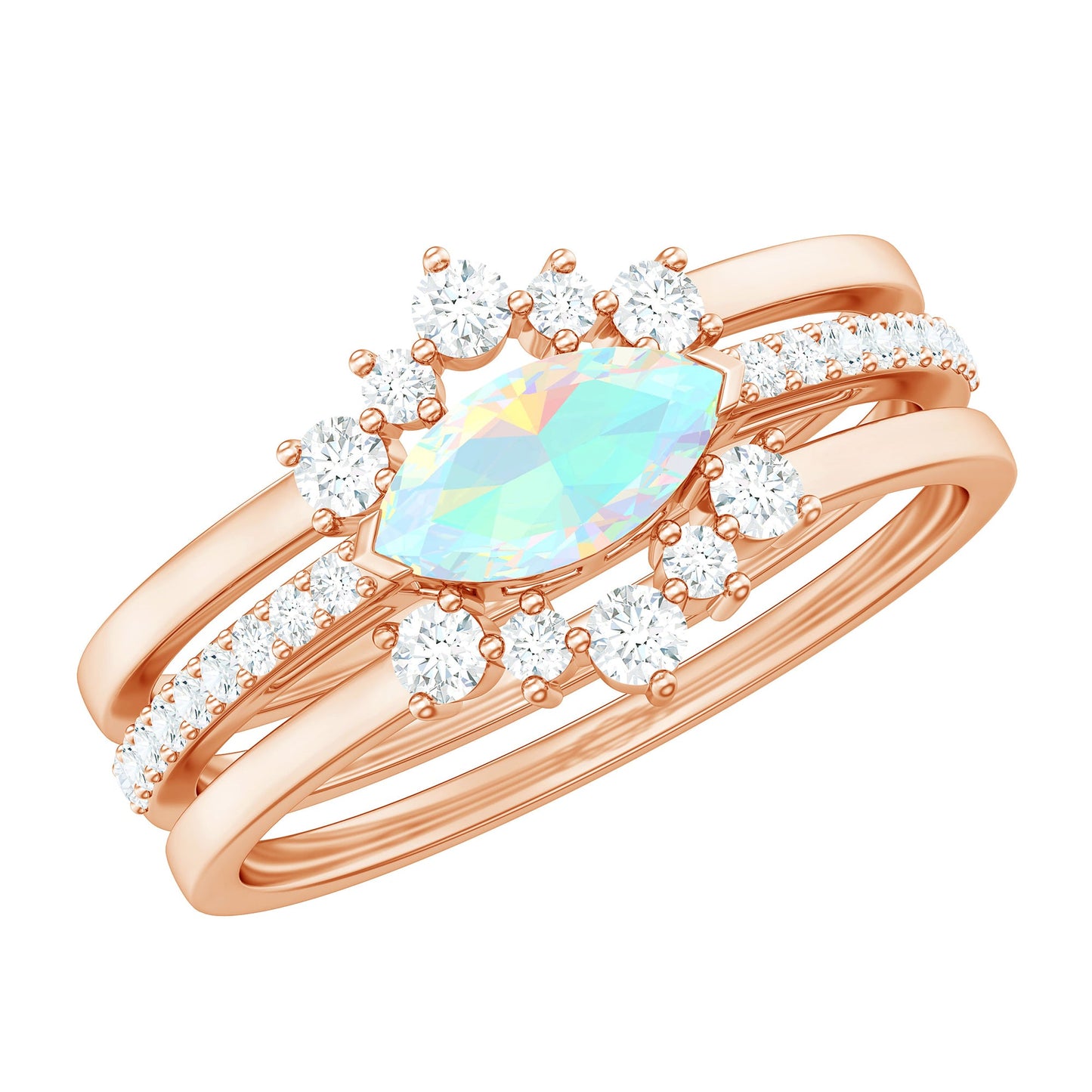 Certified Real Ethiopian Opal Diamond Wedding Bridal Ring Set of 3