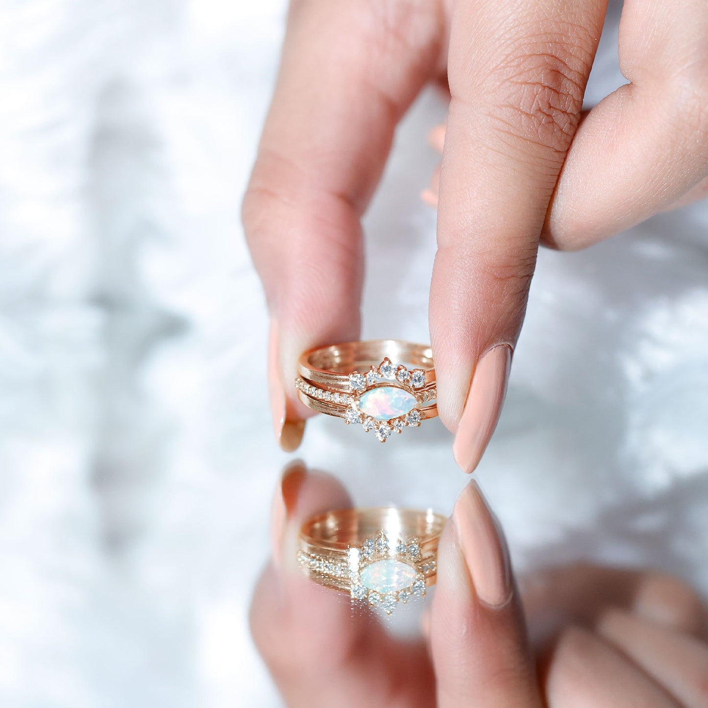 Certified Real Ethiopian Opal Diamond Wedding Bridal Ring Set of 3