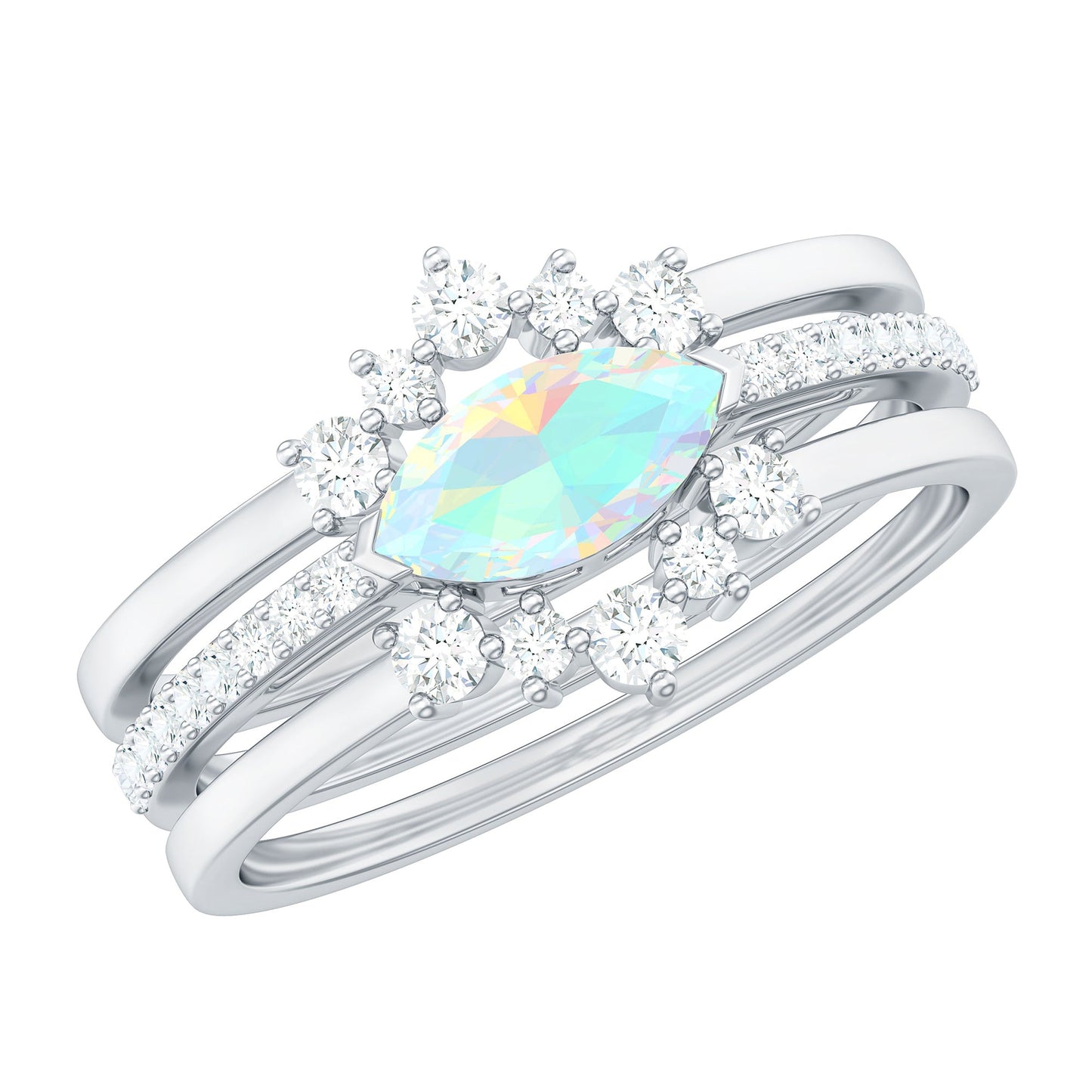 Certified Real Ethiopian Opal Diamond Wedding Bridal Ring Set of 3