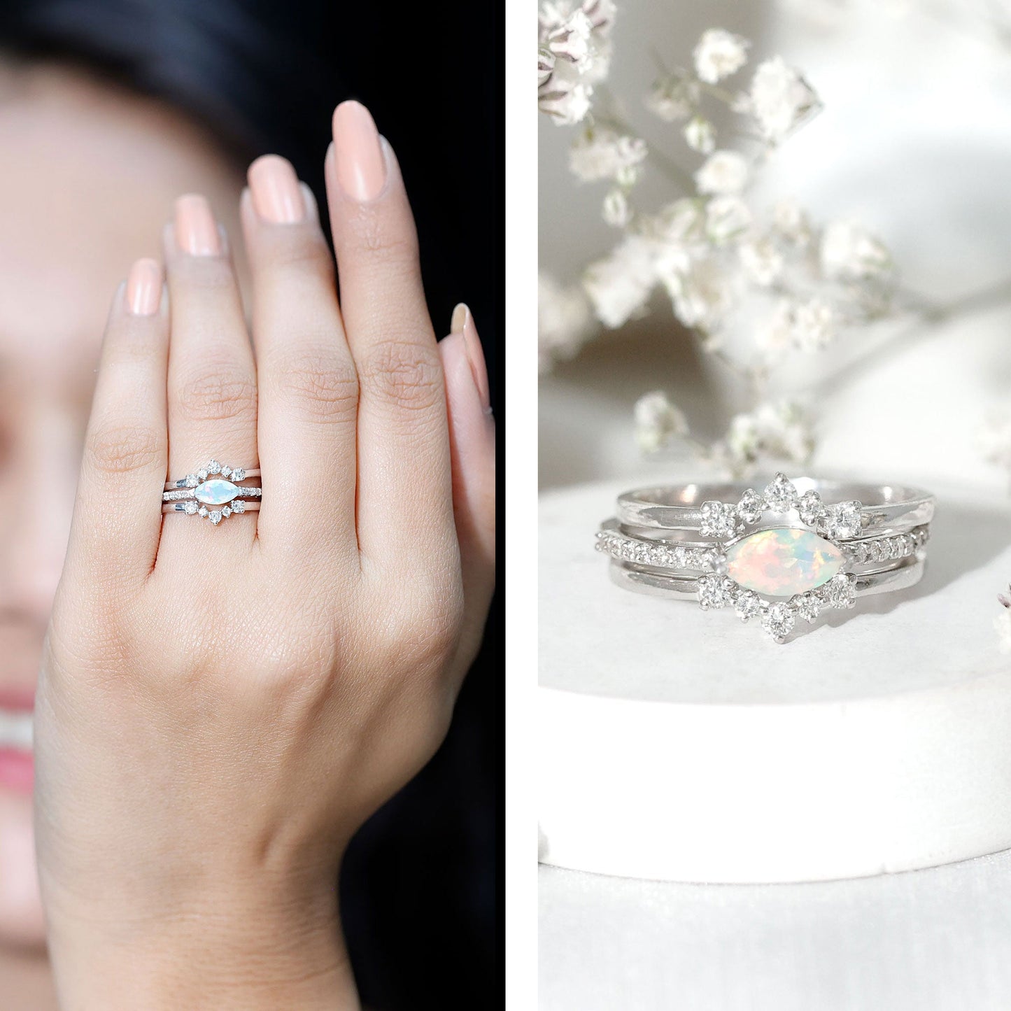 Certified Real Ethiopian Opal Diamond Wedding Bridal Ring Set of 3