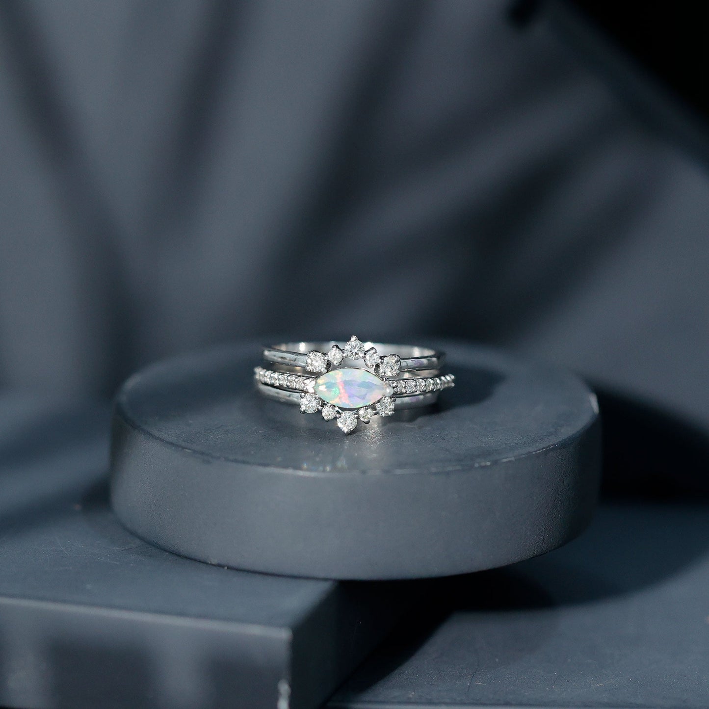 Certified Real Ethiopian Opal Diamond Wedding Bridal Ring Set of 3