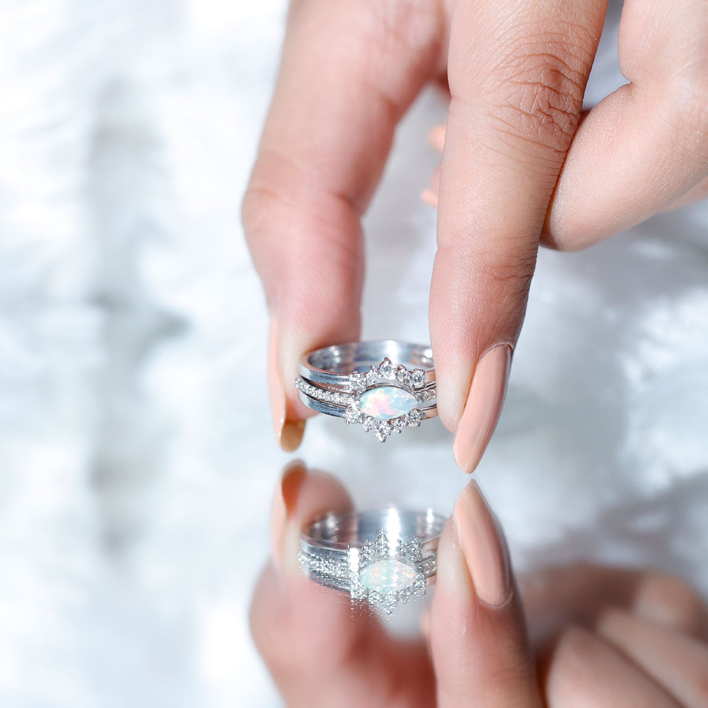 Certified Real Ethiopian Opal Diamond Wedding Bridal Ring Set of 3
