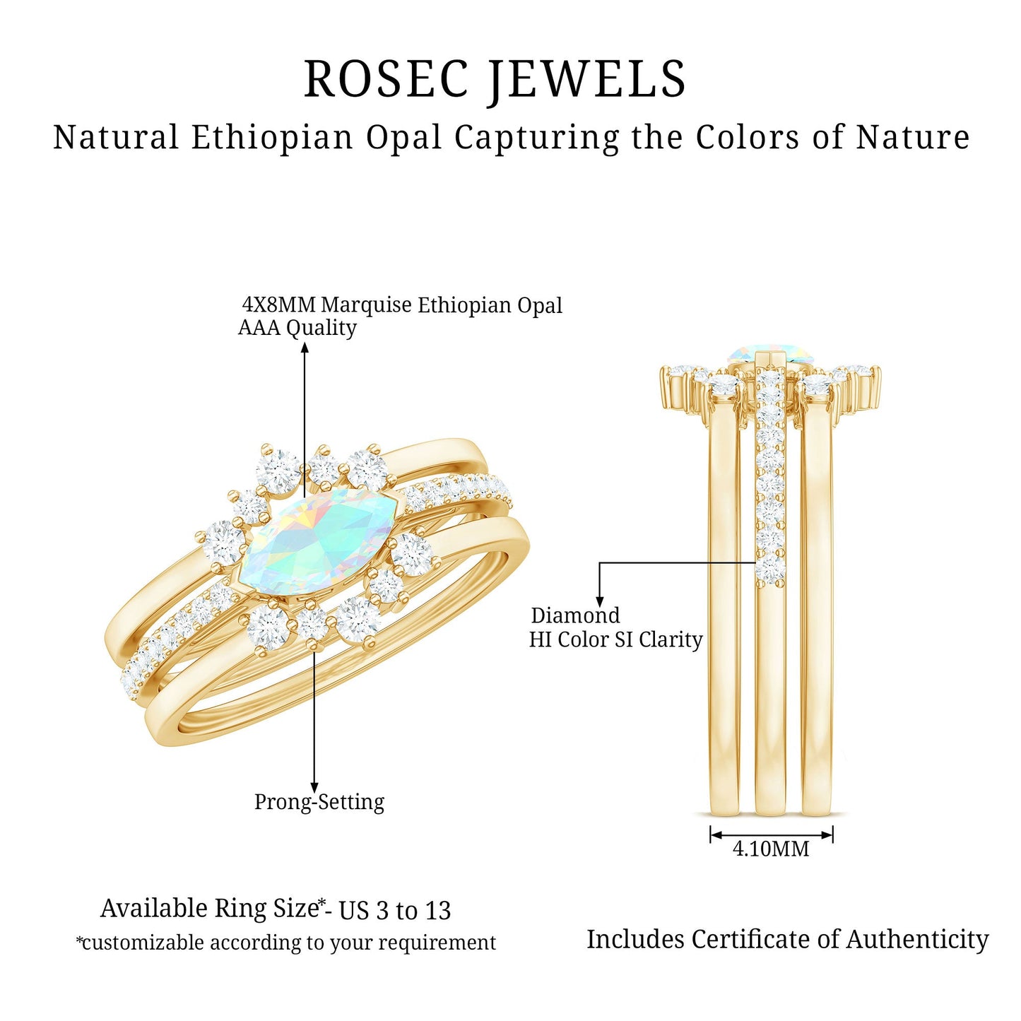 Certified Real Ethiopian Opal Diamond Wedding Bridal Ring Set of 3