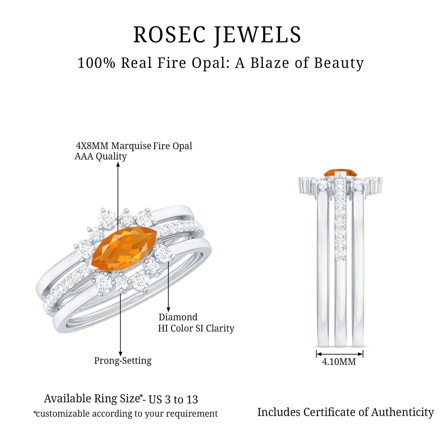 Marquise Shape Fire Opal Ring Set with Diamond