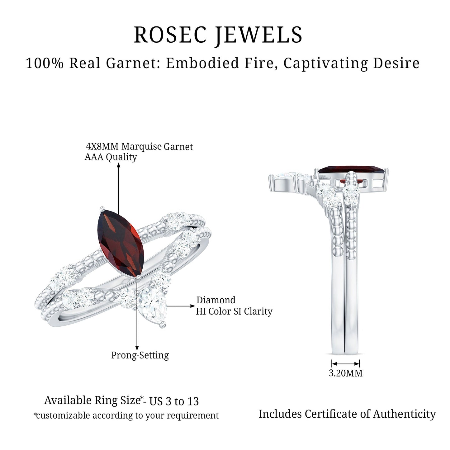 Certified Real Marquise Garnet Diamond Wedding Bridal Ring Set