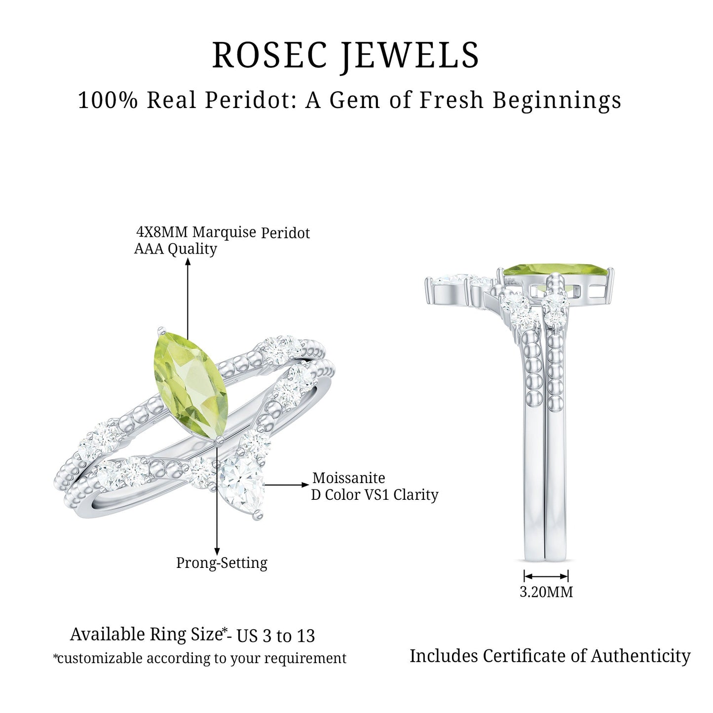 Natural Peridot Marquise Engagement Ring With Wedding Band