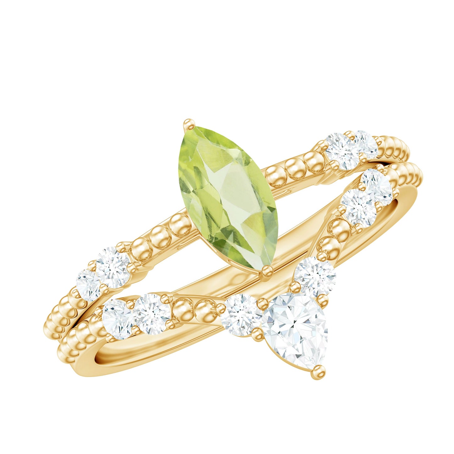 Natural Peridot Marquise Engagement Ring With Wedding Band
