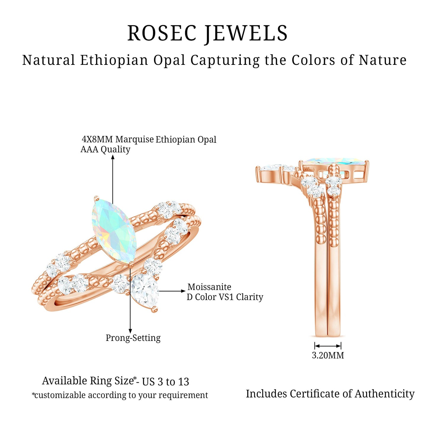 Certified 0.5 Carat Real Ethiopian Opal Marquise Engagement Wedding Ring Set of 2