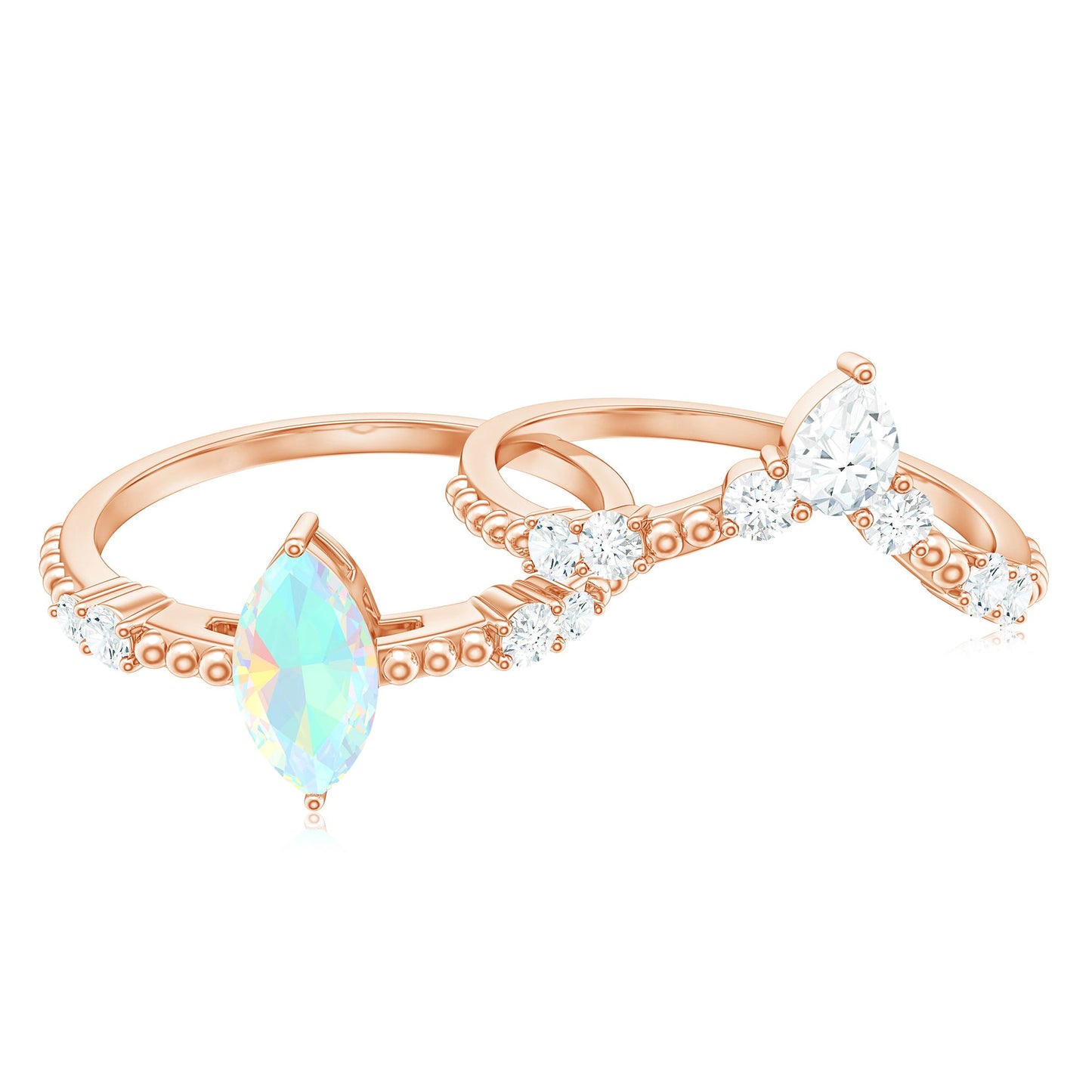 Certified 0.5 Carat Real Ethiopian Opal Marquise Engagement Wedding Ring Set of 2