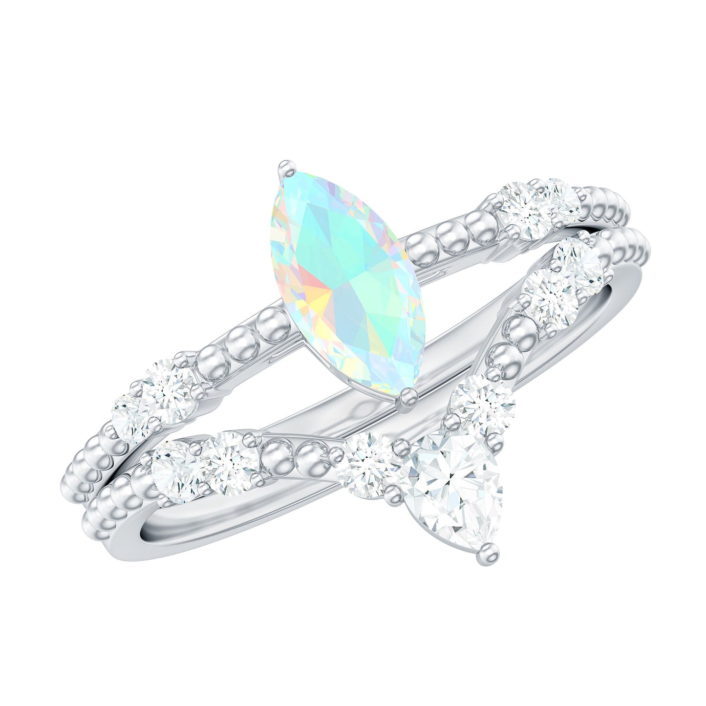 Certified 0.5 Carat Real Ethiopian Opal Marquise Engagement Wedding Ring Set of 2