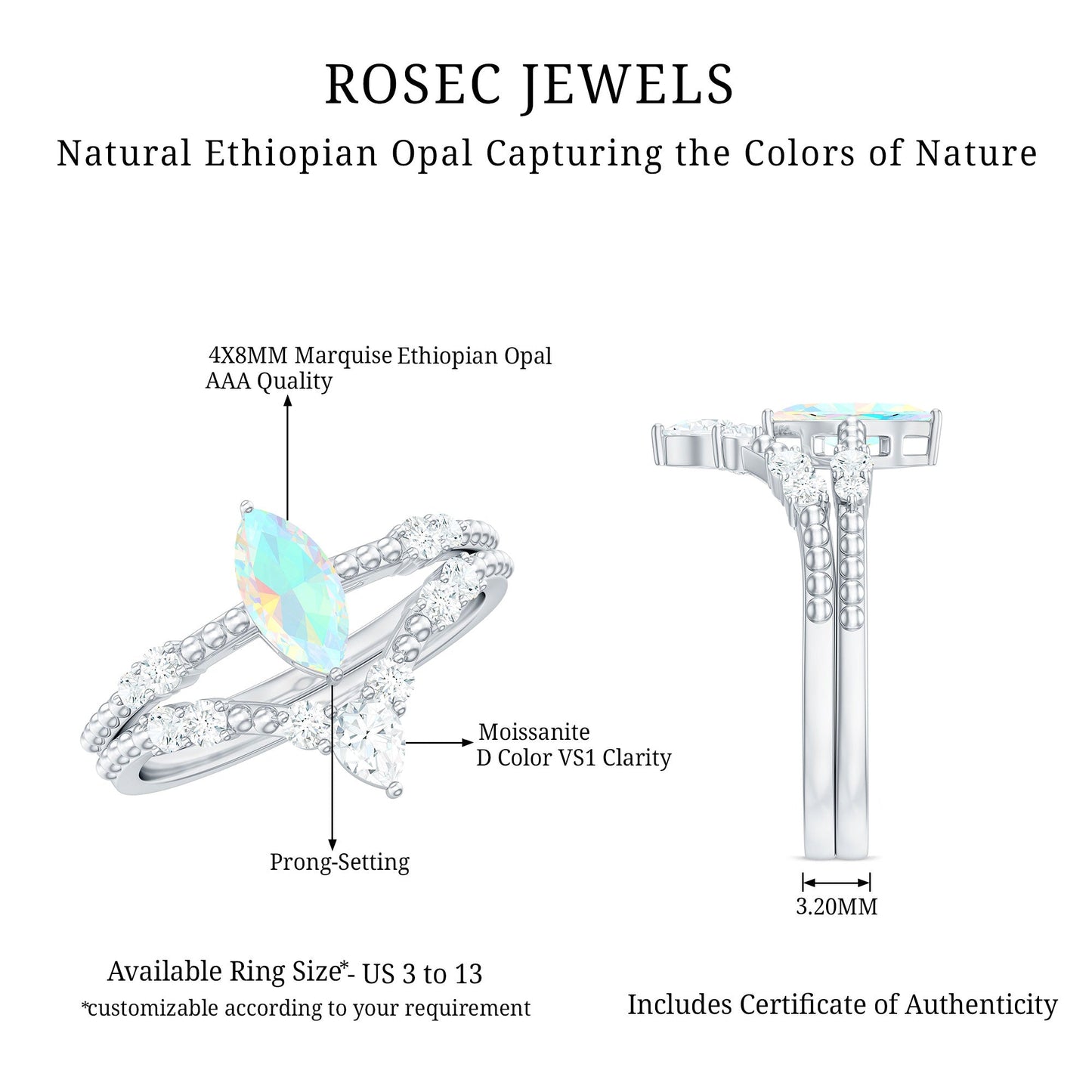 Certified 0.5 Carat Real Ethiopian Opal Marquise Engagement Wedding Ring Set of 2