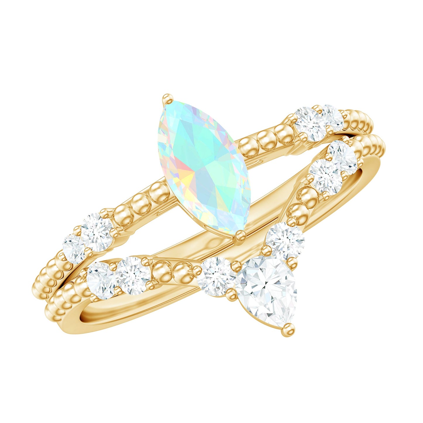 Certified 0.5 Carat Real Ethiopian Opal Marquise Engagement Wedding Ring Set of 2