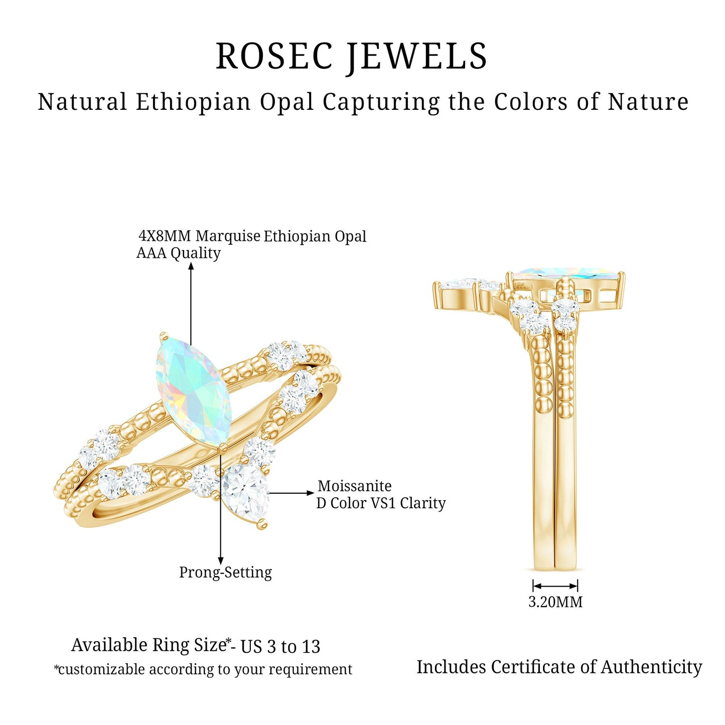 Certified 0.5 Carat Real Ethiopian Opal Marquise Engagement Wedding Ring Set of 2
