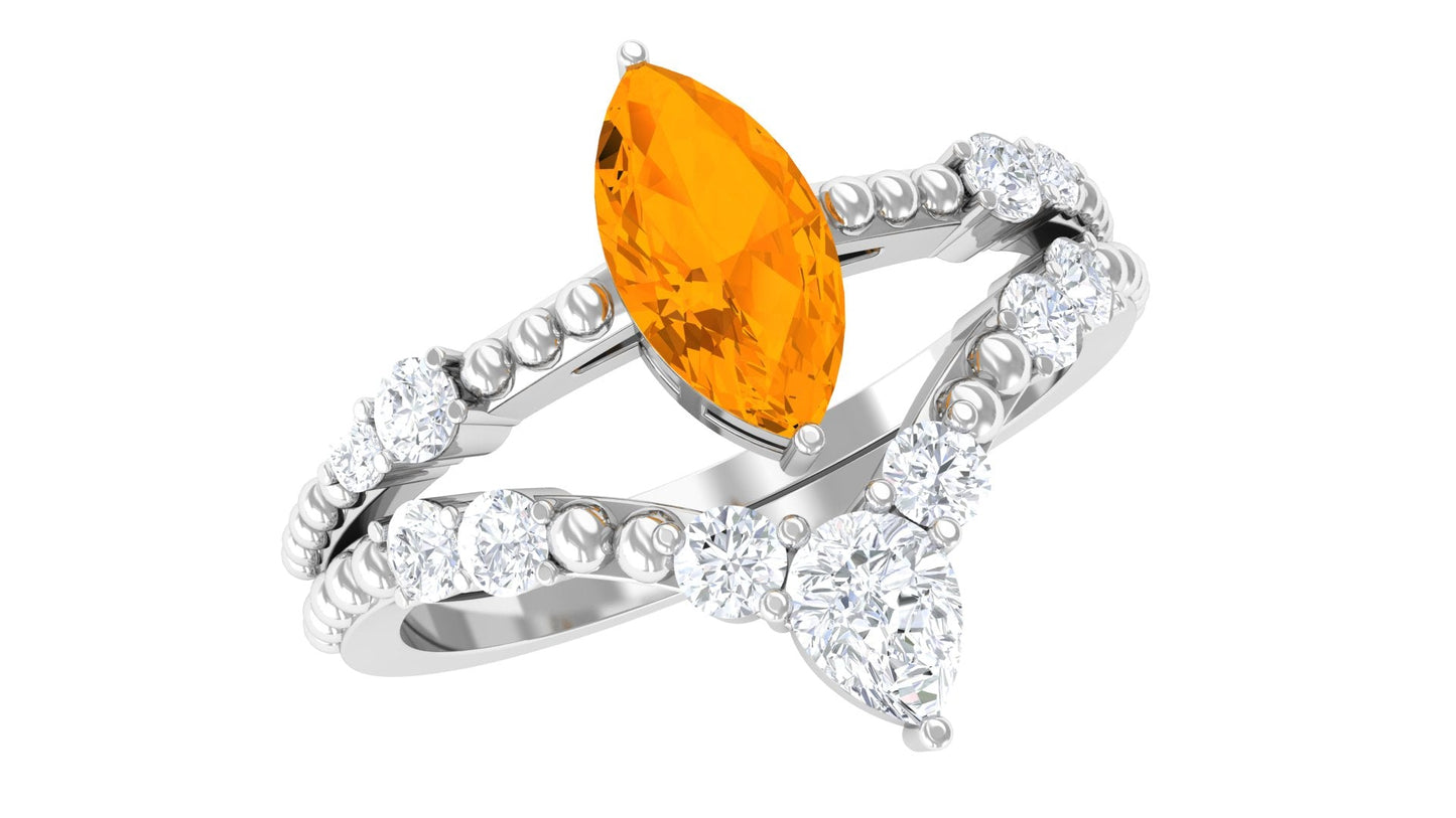 Marquise Cut Fire Opal and Diamond Wedding Ring Set