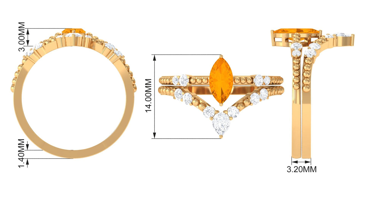 Marquise Cut Fire Opal and Diamond Wedding Ring Set