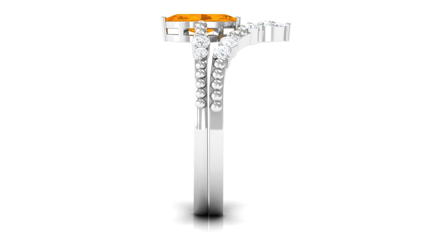 Marquise Cut Fire Opal and Diamond Wedding Ring Set