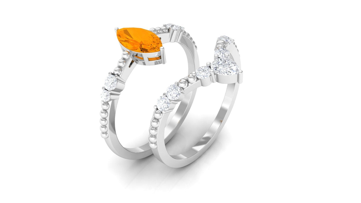 Marquise Cut Fire Opal and Diamond Wedding Ring Set