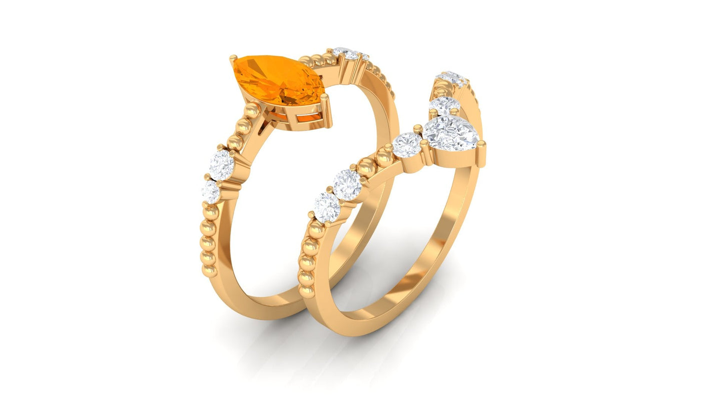 Marquise Cut Fire Opal and Diamond Wedding Ring Set