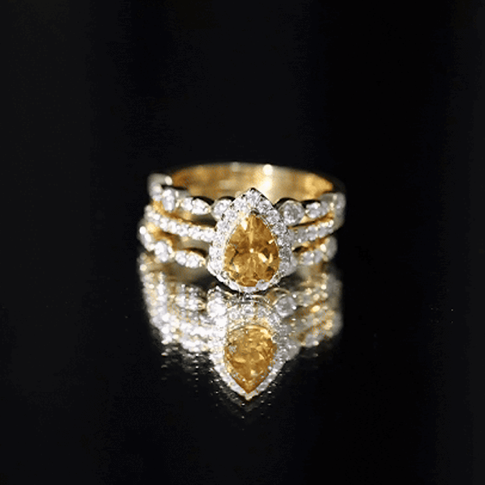 Pear Cut Citrine Bridal Trio Ring Set with Moissanite Band