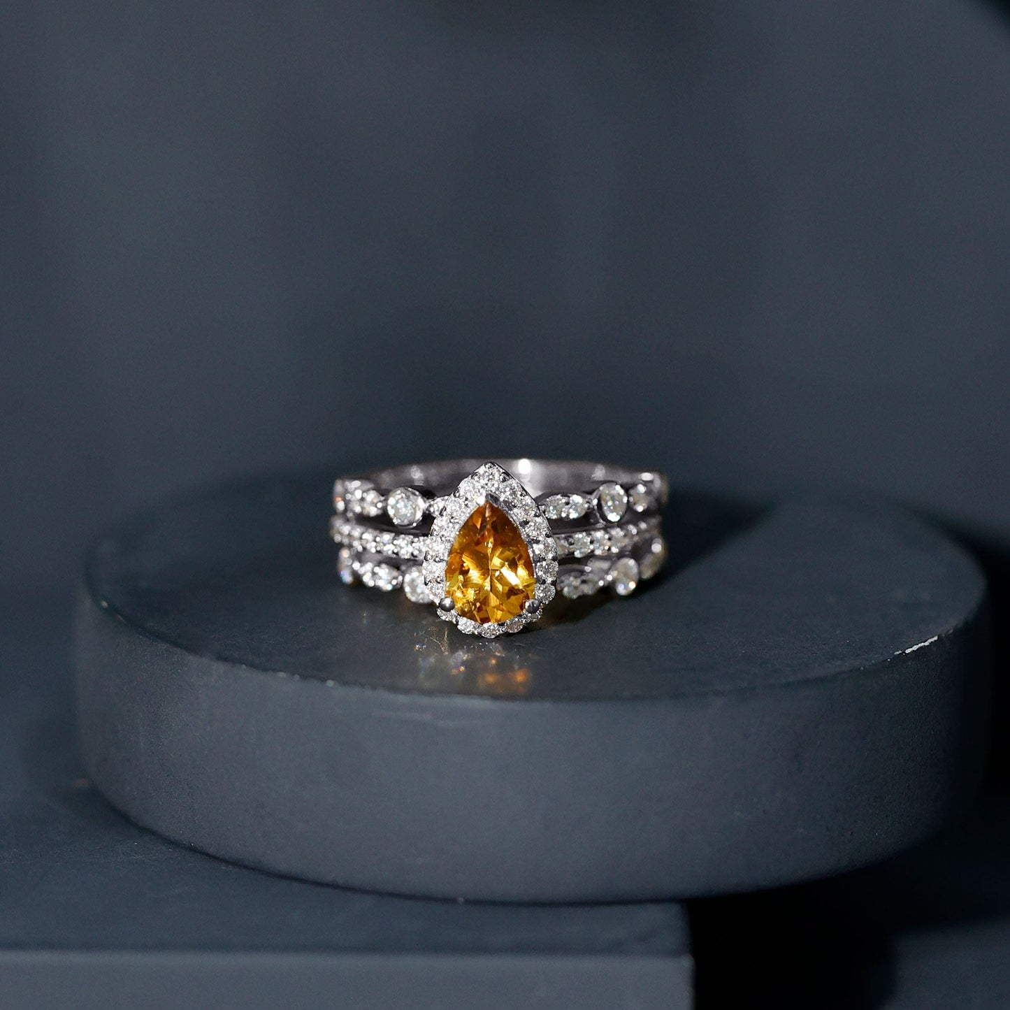 Pear Cut Citrine Bridal Trio Ring Set with Moissanite Band