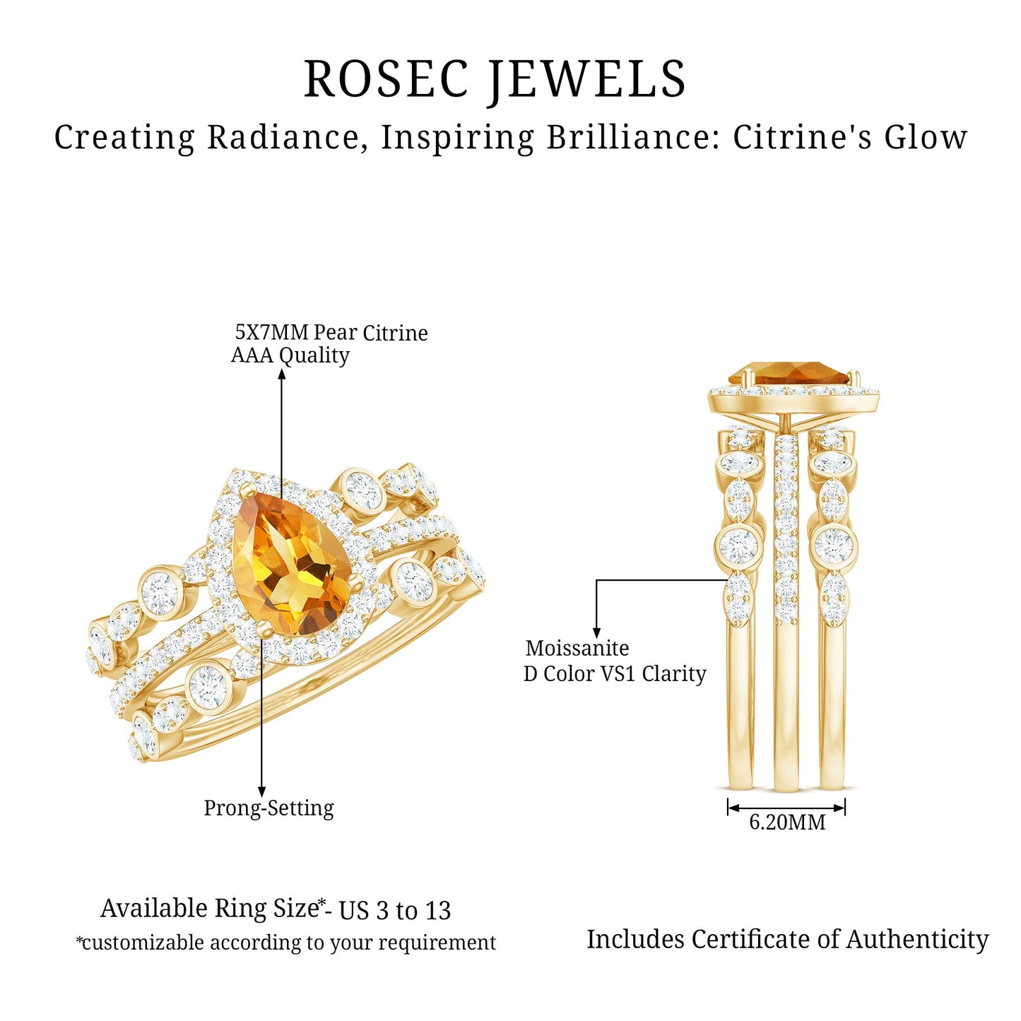 Pear Cut Citrine Bridal Trio Ring Set with Moissanite Band