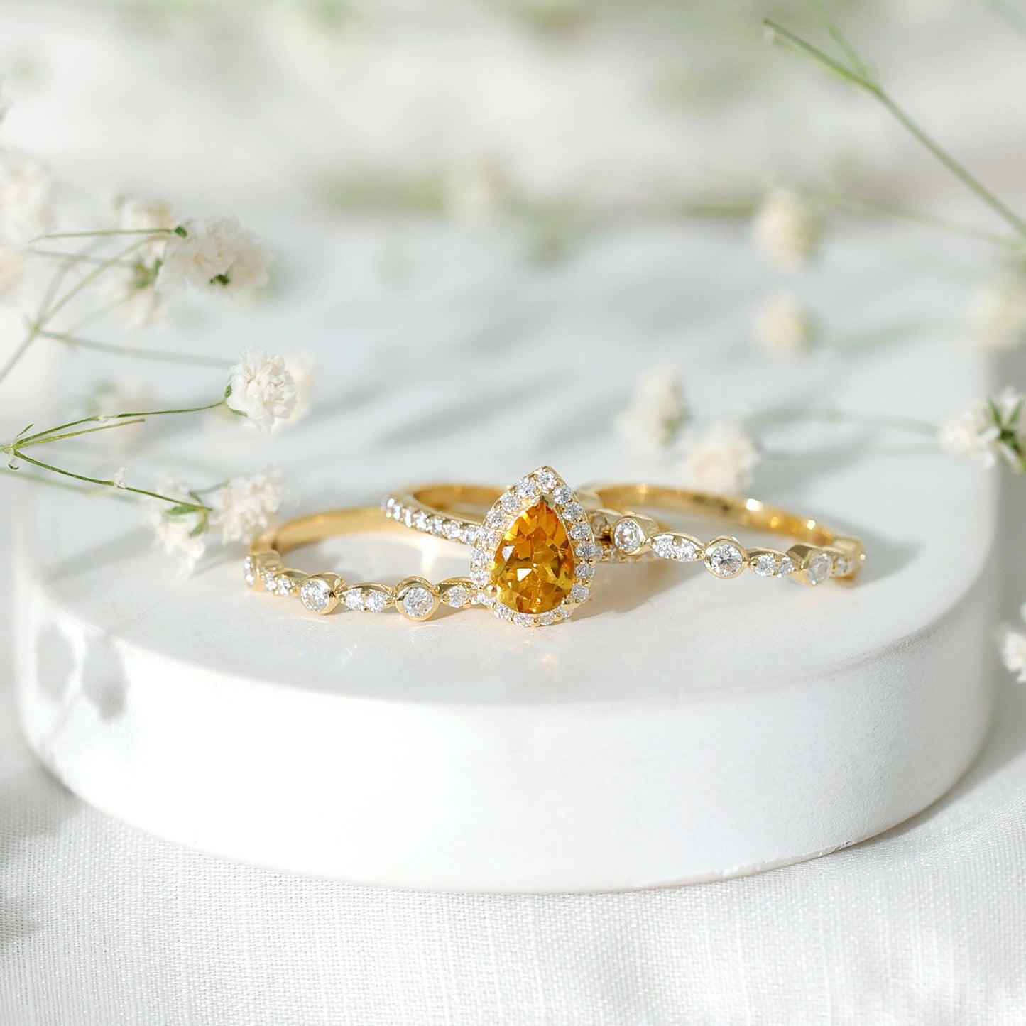 Pear Cut Citrine Bridal Trio Ring Set with Moissanite Band