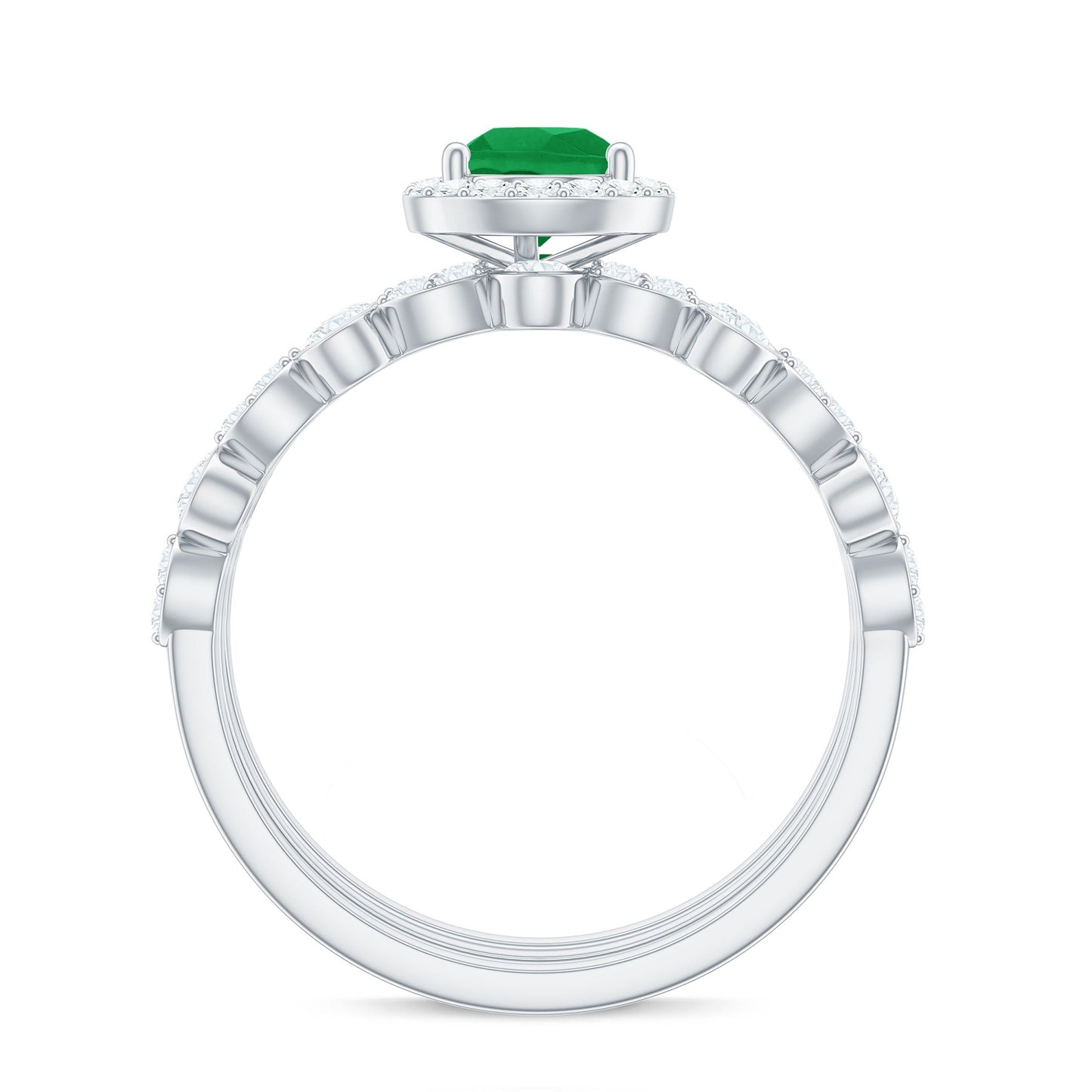 Natural 0.6 Carat Emerald Teardrop Engagement Ring and Wedding Band Set of 3