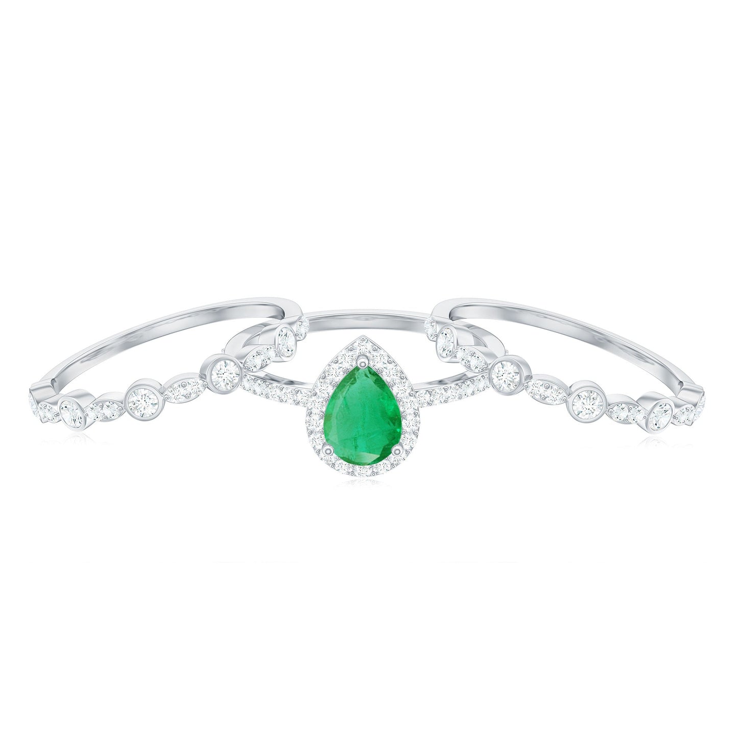 Natural 0.6 Carat Emerald Teardrop Engagement Ring and Wedding Band Set of 3