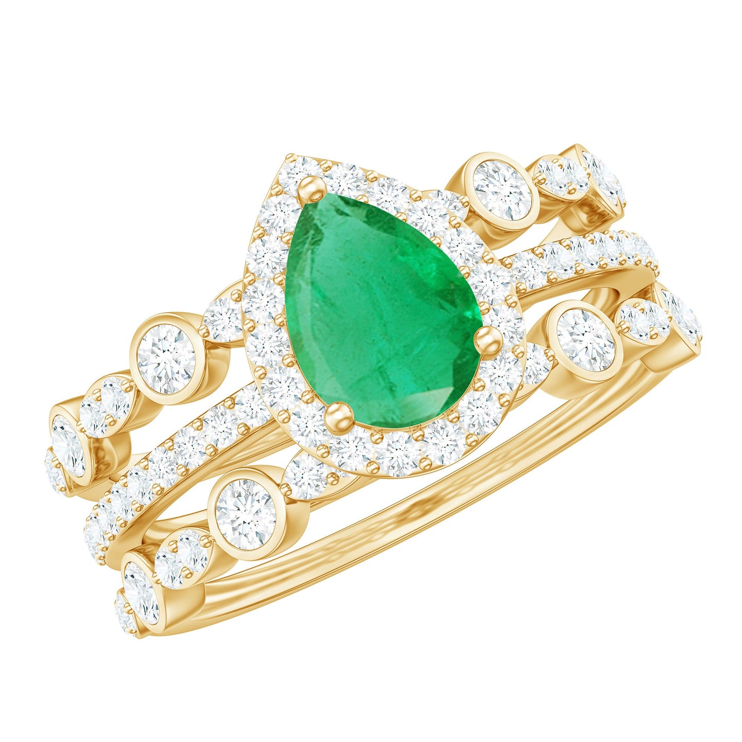 Natural 0.6 Carat Emerald Teardrop Engagement Ring and Wedding Band Set of 3