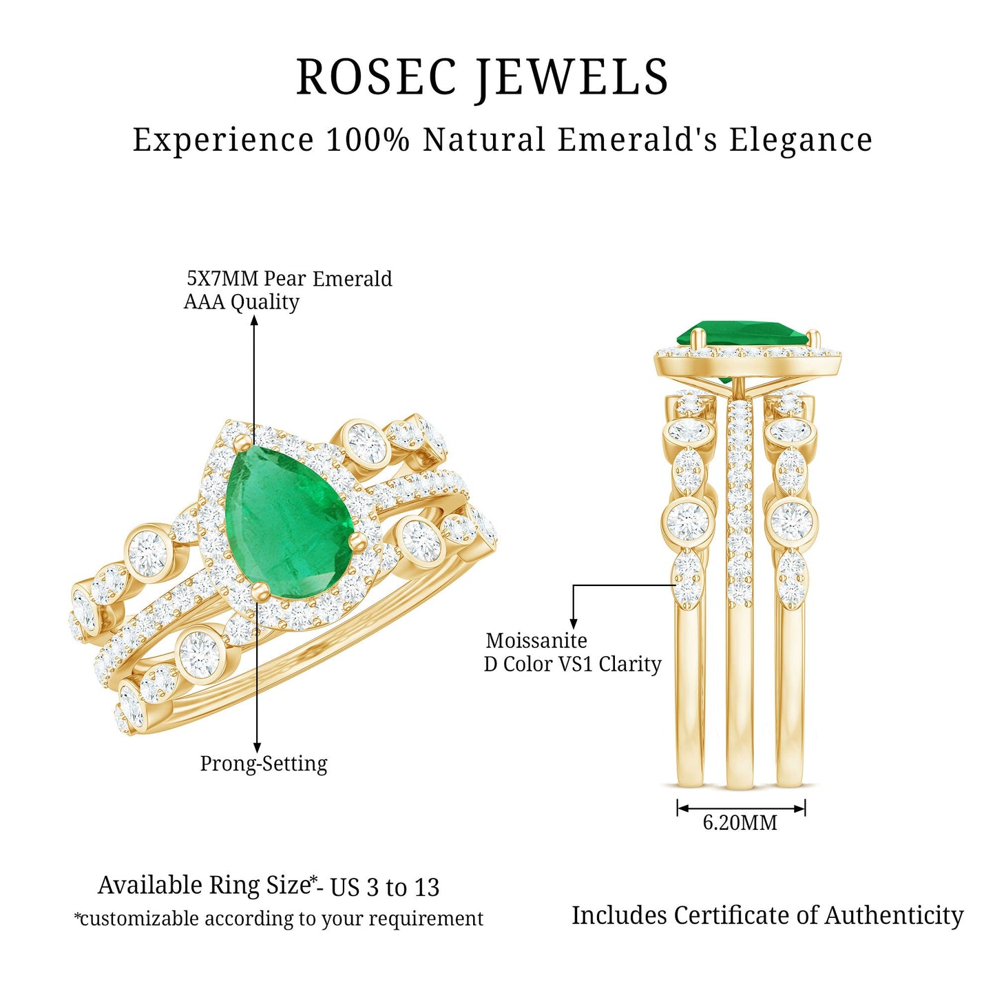 Natural 0.6 Carat Emerald Teardrop Engagement Ring and Wedding Band Set of 3