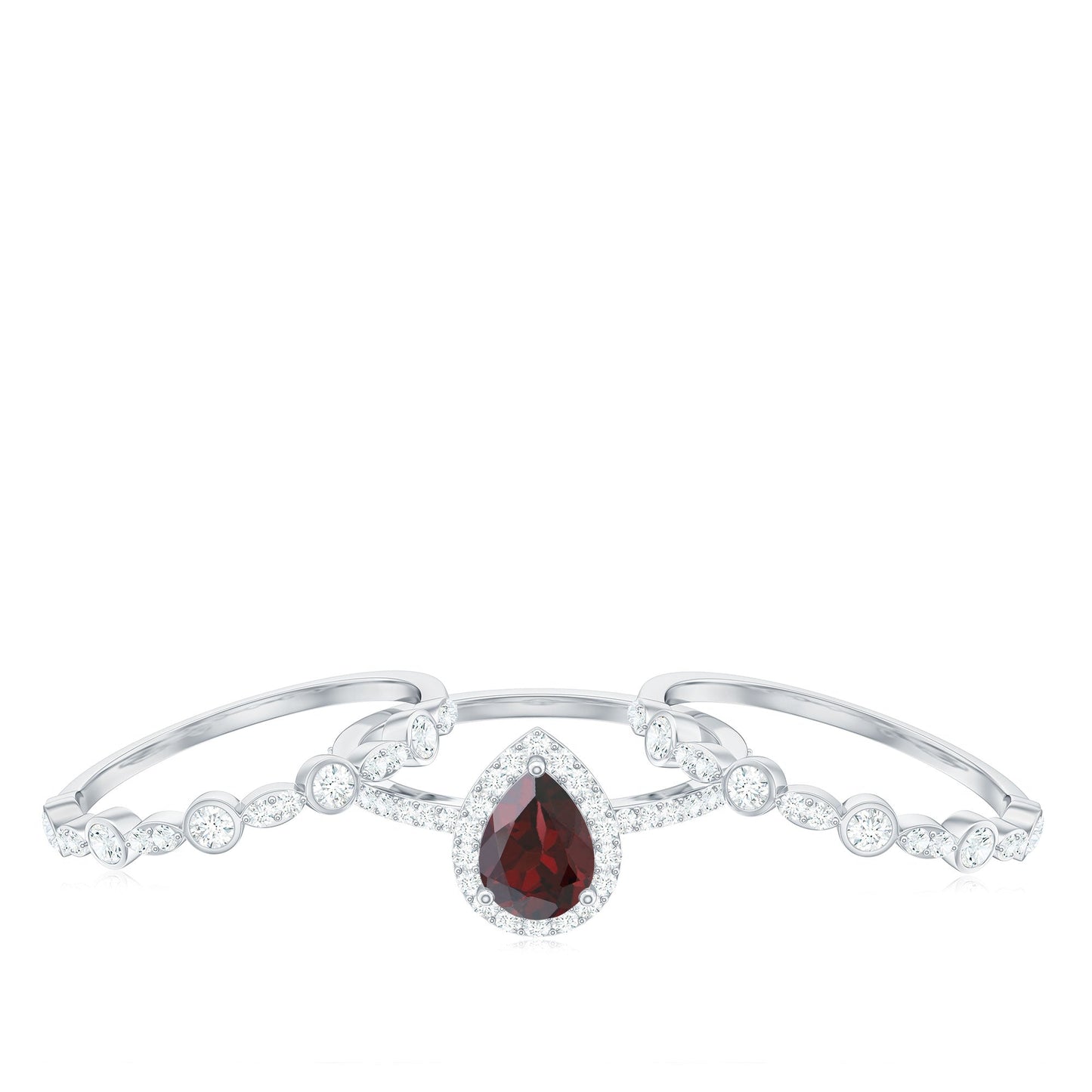 Real 0.8 Carat Pear Shape Garnet 3 Piece Wedding Ring Set