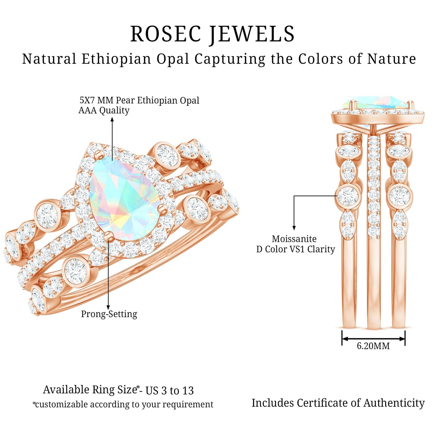 0.7 Carat Genuine Vintage Style Opalescent Teardrop Engagement Wedding Ring Set of 3